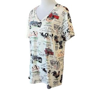 CHICYEA SHORT SLEEVE V NECK FARM ANIMAL PRINT T-SHIRT CREAM MULTI SIZE MEDIUM